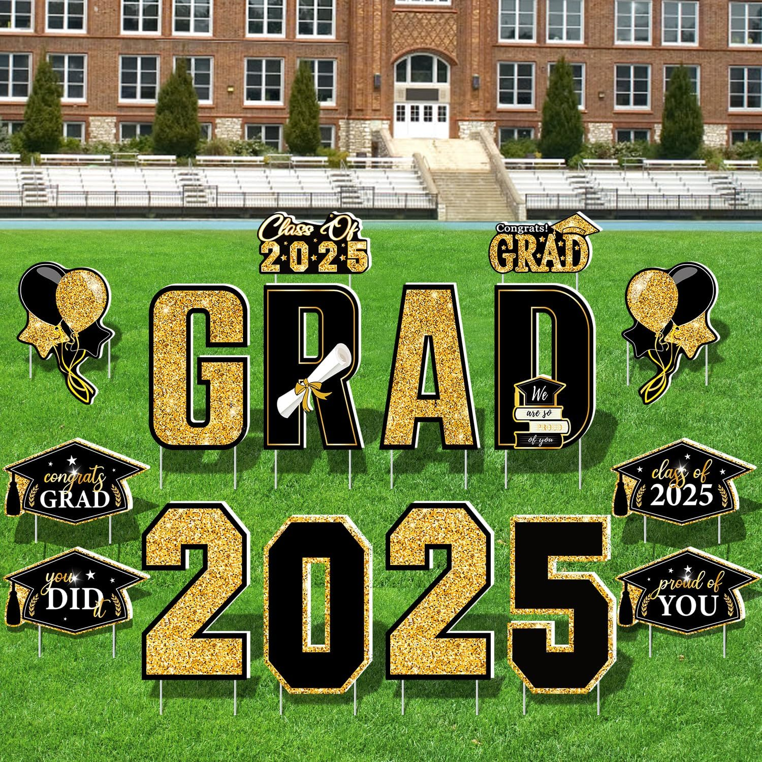 16 Black & Gold Graduation Yard Signs for Class of 2025