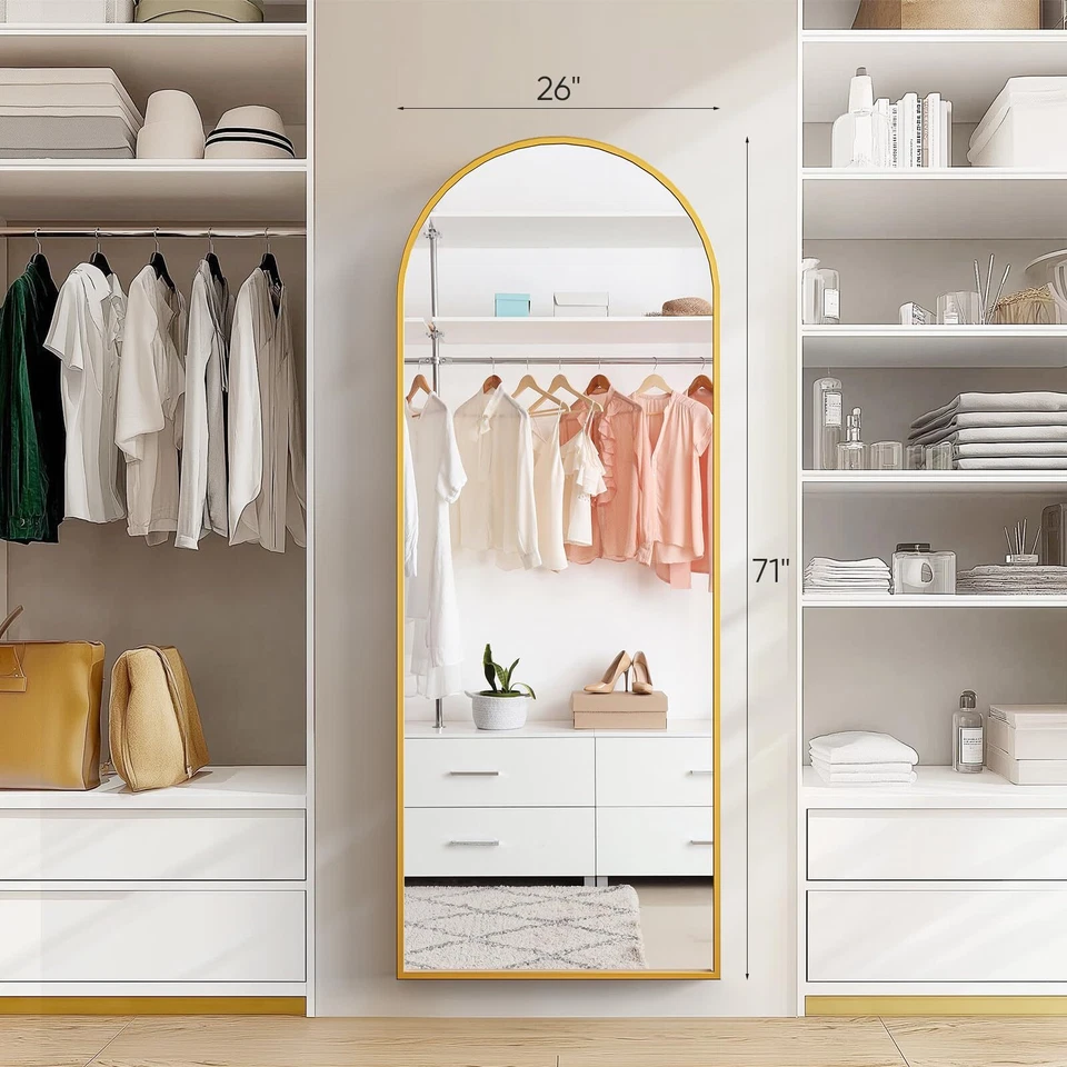 Espejo arqueado de longitud completa, 71"x26" espejo de piso de cuerpo completo colgante dorado Foto 3 de 4