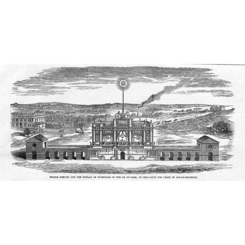Tempel für Feuerwerk im grünen Park Frieden von Aachen - Antikdruck 1856 - Bild 1 von 1