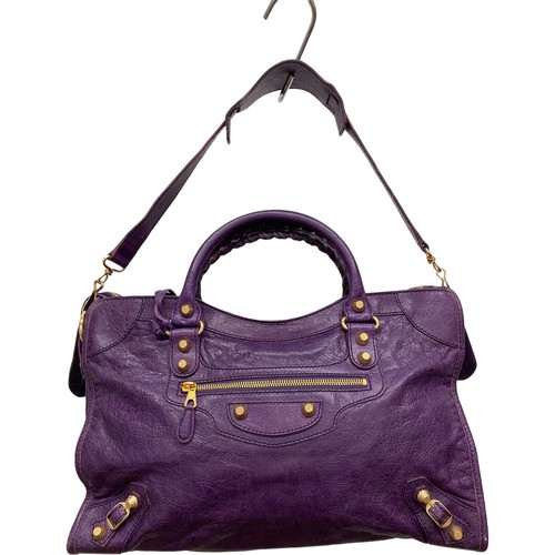 BALENCIAGA Giant City Purple Leather Handbag 281770 Gold Stud Tote Shoulder Bag