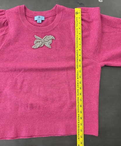 CeCe Cozy Balloon Sleeve Sweater Crystal Appliqué Pink Crew Neck Preppy Spring M - Picture 7 of 9