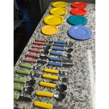 Kids Toddler Childrens Utensil Set Plates Colorful Handles Stainless Steel Toys