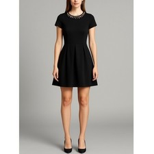 One Clothing Black Fit & Flare Dress Small Beaded Neckline Short Sleeve