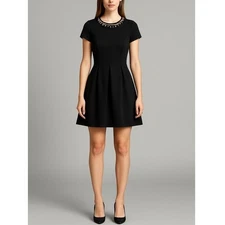 One Clothing Black Fit & Flare Dress Small Beaded Neckline Short Sleeve