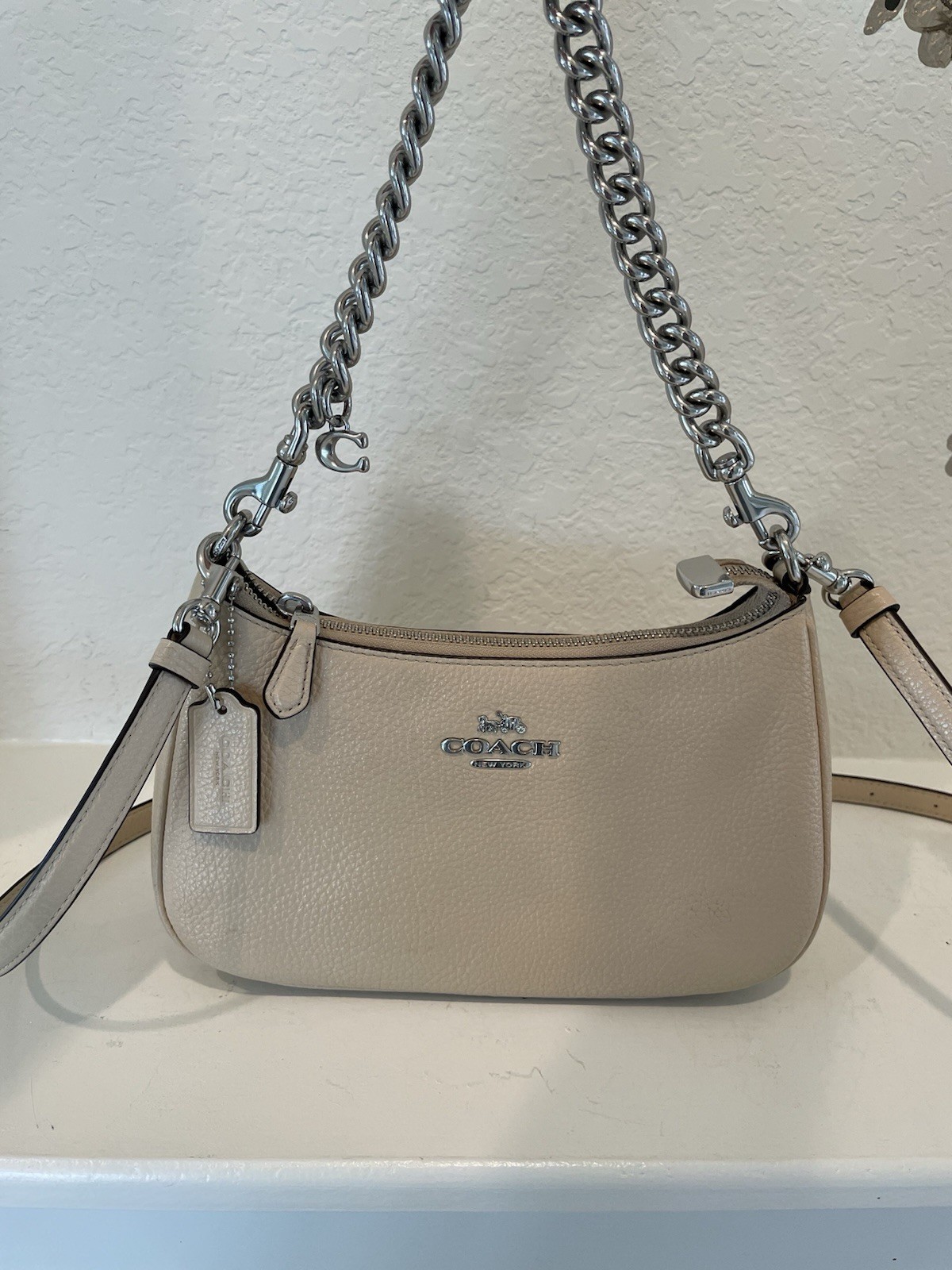 Coach Teri Tan With Silver Pebble Leather CE556 2 Ways Convertible Shoulder Bag