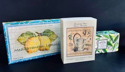 Lot 3 Boxes 6 New Bar Soaps Lemons Melon Rosemary Cucumber Italy France USA C644