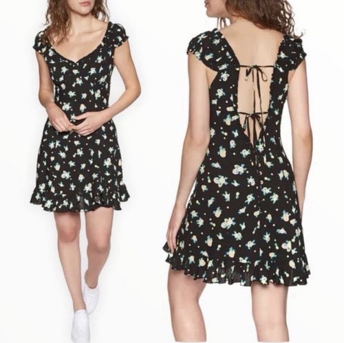 Free People Floral Mini Dress Black/Blue/Peach Smocked Ruffle V-Neck L