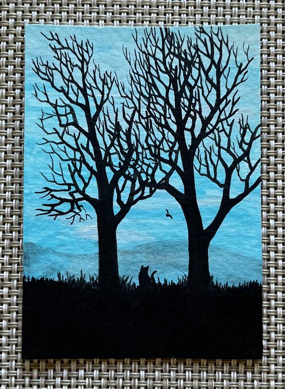 ACEO Original Art Cat Trees Silhouette Acrylics 2.5x3.5 Inches