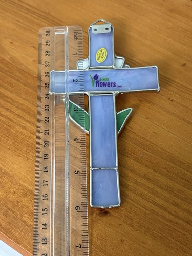 Purple Stained Glass Christian Cross Sun-catcher White Lily - Picture 5 of 6