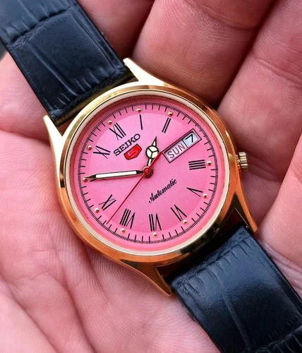 Vintage Seiko 5 Sports Sunburst Pink Dial 6309A Automatic Refurbished Gold Case