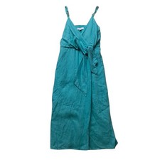 REISS Esme Linen Side Tie Midi Dress Women's 8 Green Blue Teal Pockets Vacation