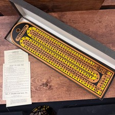 Vintage Drueke Model 1957 Clubmaster Cribbage Board Wood 3 Track Yellow/Blk USA
