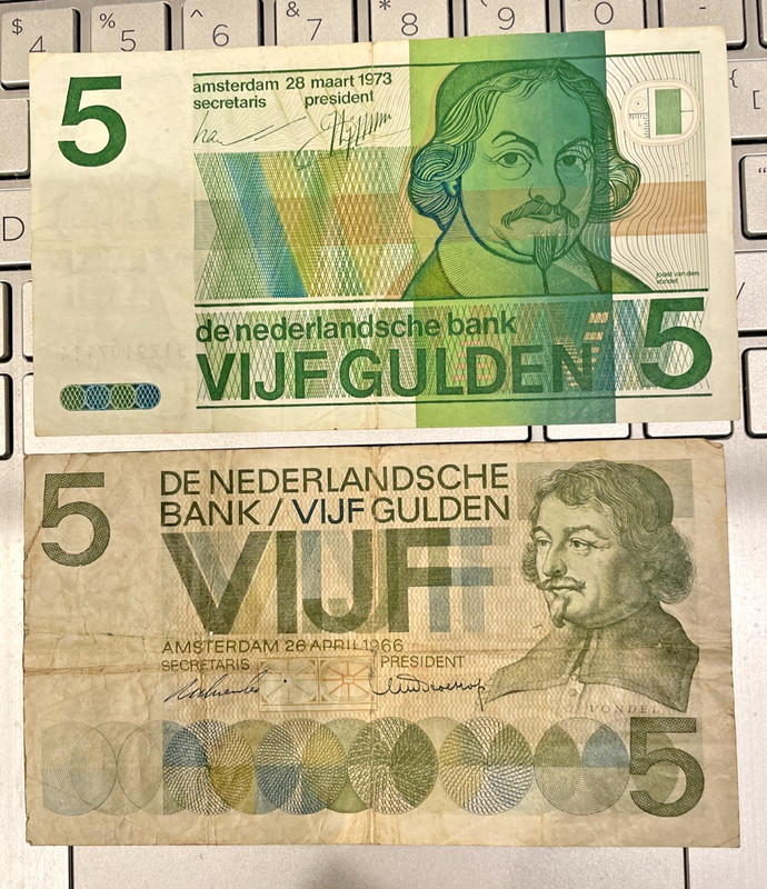 2 Bank Notes NETHERLANDS 1973 FIVE GULDEN VONDEL & 1966 5 Gulden