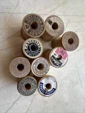 Vintage Lot of 9 Empty Wooden Thread Spools Small Size Various Brands With Label