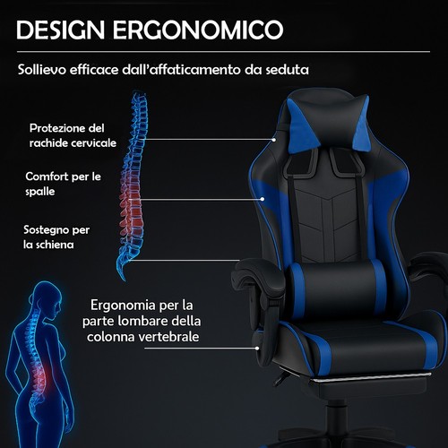 Sedia Gaming Ergonomica Reclinabile in Ecopelle Poggiapiedi e Cuscini Lombari - Foto 4 di 6