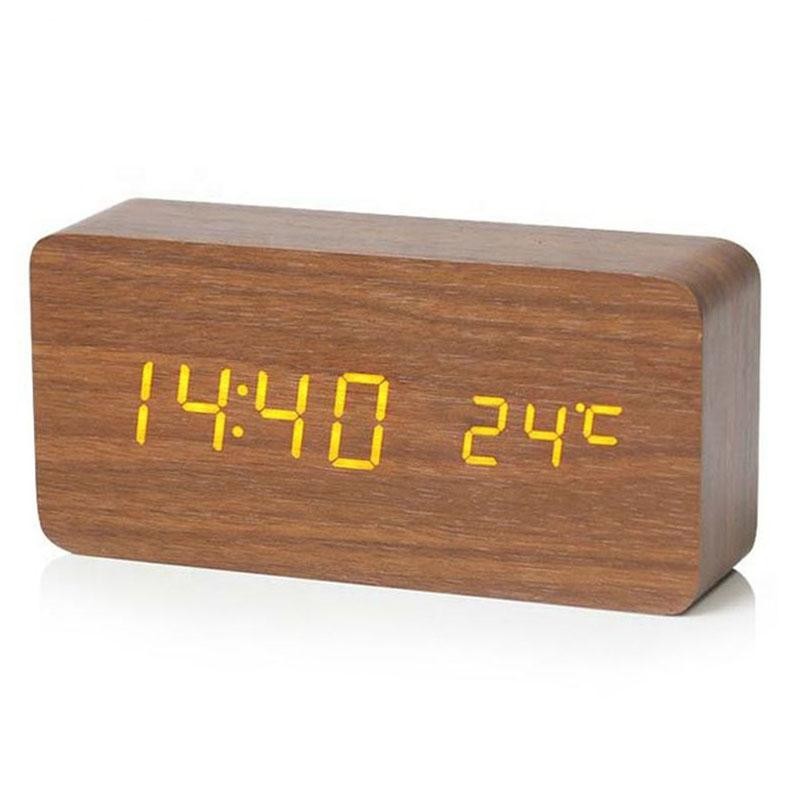 LED Wood Digital Alarm Clock Temperature Display Bedside Desk Office Table Clock