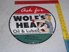 VINTAGE 1948 WOLF'S HEAD WOMAN 👩OIL LUBES 11 3/4" PORCELAIN METAL GASOLINE SIGN