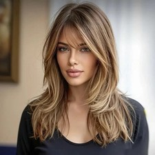 Human Hair New Fashion Layered Long Natural Golden Brown Wavy Women's Wigs 16in