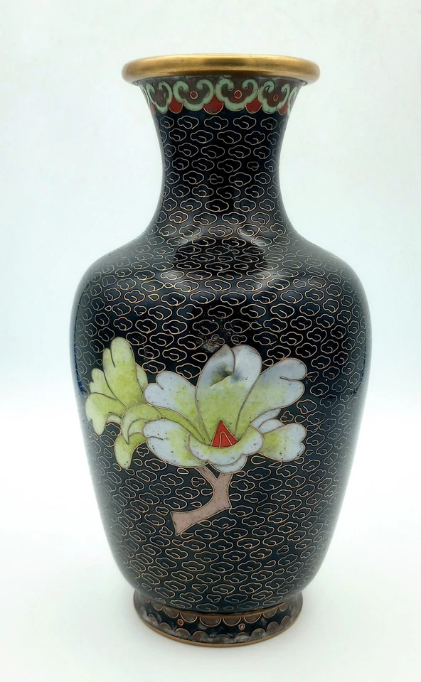 Jarrón antiguo chino negro cloisonné cobre latón esmalte flor pájaro azul 8,25" Foto 4 de 4