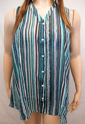 Silhouettes Womens Sleeveless Swing Striped Button Shirt Blue 16W
