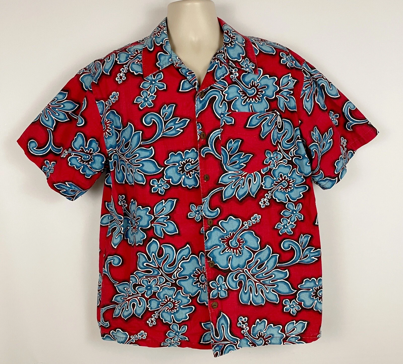 Good Vibes Hawaiian Camp Shirt Men XL Cotton Red Blue Short Sleeve Button-Up