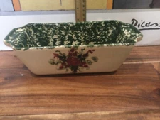 E. Texas Pottery bread loaf pan handled green spongeware floral XMASS 10''X3''X5