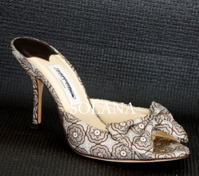 Jimmy Choo lurex Paisley Jeweled Bow Slide Sandals High Heel sz 10 New