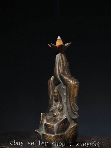 7.8'' China Ancient Bronze Kwan-yin Guanyin Backflow Incense Burner Censer - Picture 4 of 9