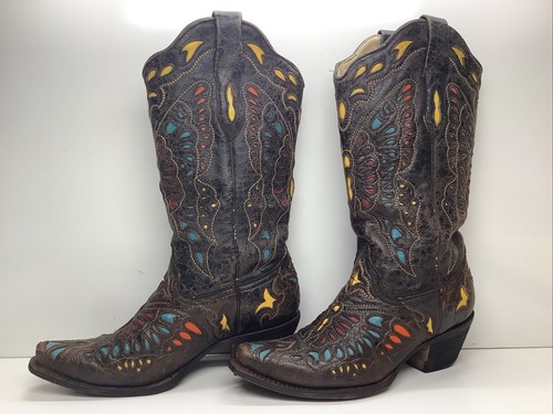 STIVALI VINTAGE DONNA CORAL COWBOY INTARSIATI MARRONI PUNTA APERTA TAGLIA 9 M