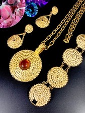 FABULOUS GOLD-TONE CHAIN NECKLACE ROPE DESIGN PENDANT BRACELET DROP EARRINGS SET