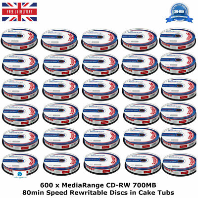600 x MediaRange CD-RW 700MB 80min 12x Geschwindigkeit wiederbeschreibbare neue Discs in Kuchenschalen