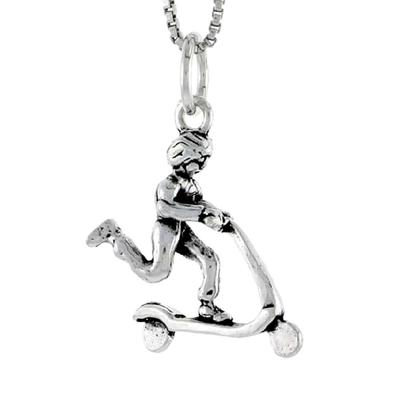 Sterling Silver Boy On Scooter 3D Solid Pendant / Charm, Italian Box Chain