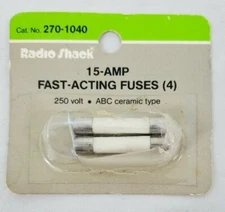 VINTAGE Radio Shack 15 Amp/250V ABC Ceramic Fast-Acting Fuses #270-1040 2ea.