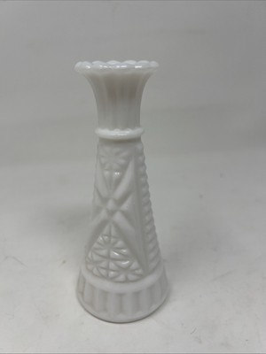 VTG Anchor Hocking White Pressed Milk Glass Bud Vase Stars & Bars 6  Granny Core