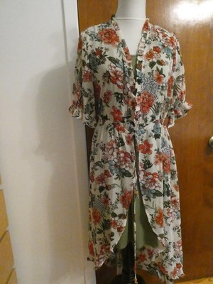 Liberty Love 2Pc Floral Chiffon Duster Dress Set Olive Green Asymmetrical Medium
