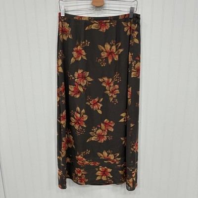VTG Dana B. and Karen Women's Sz 8 Black & Orange Floral Silk Maxi Skirt 90's