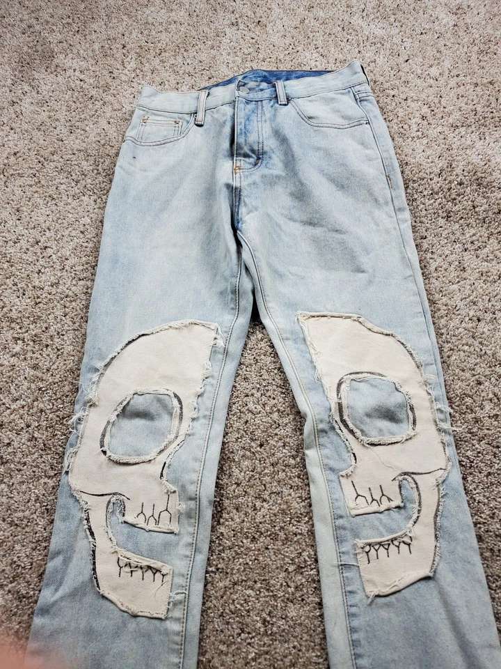 mnml Jeans Mens 30 Distressed Skull Patch Straight Leg Frayed Hem Denim 30x31 - Photo 3/4