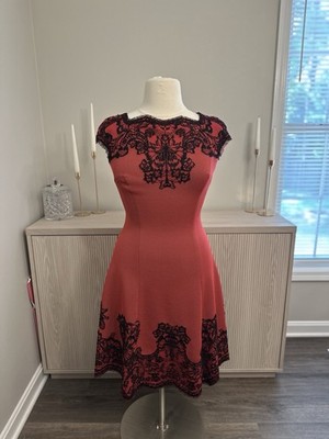 Tadashi Shoji Dress L Lace Cap Sleeve Mid Length Red Black Zipper Fit Flare  NWOT | eBay