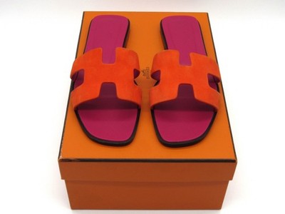 Hermès Oran H Slide Sandals Orange Suede / Pink Leather Women s EU 39.5/ US 9.5