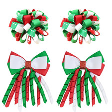 4Pcs Christmas Curly Ribbon Hair Bow Clips - Red White Green Handmade Grosgrain