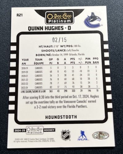 2024-25 O-Pee-Chee Platinum #R21 Quinn Hughes retro pata de gallo #02/15 canucks - Imagen 2 de 3