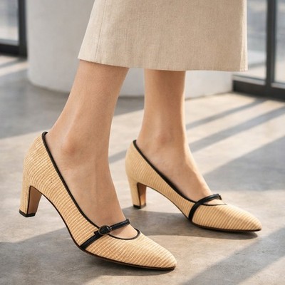 L Autre Chose Mary Jane Pumps 37.5 US 7.5 Womens Beige Woven Raffia Mid Heels