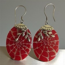Sterling Sliver Hand Painted Sider Web Red Stone Dangle Drop Earrings
