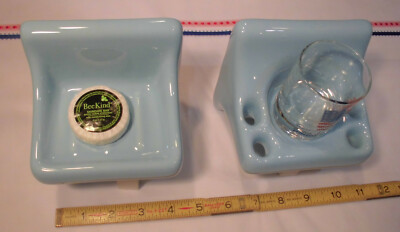 Sky Blue: Sink Set, Glossy Ceramic Soap Dish + Cup & Toothbrush Holder,  Mint
