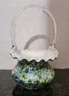 VINTAGE FENTON GLASS BASKET AVENTURINE VASA MURRHINA - GREEN BLUE WHITE - 1960'S