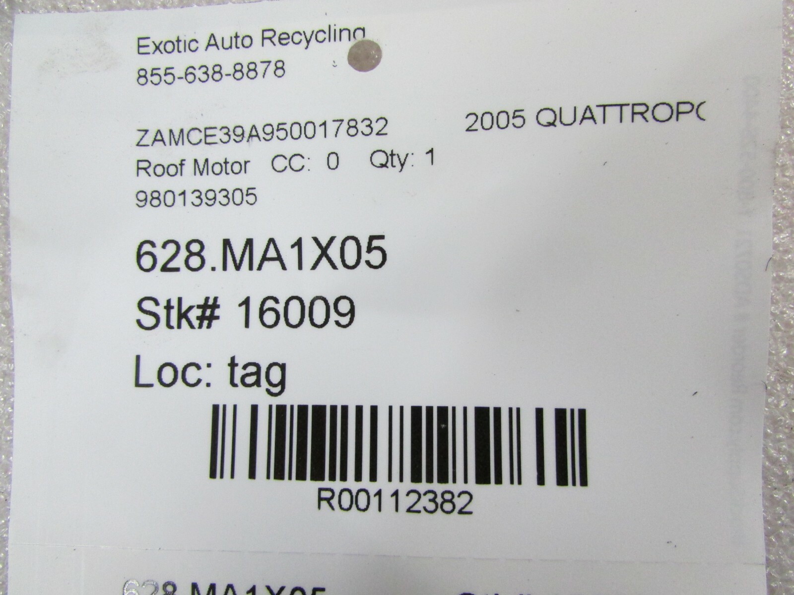 Maserati Quattroporte, Roof Motor, Used, P/N 980139305