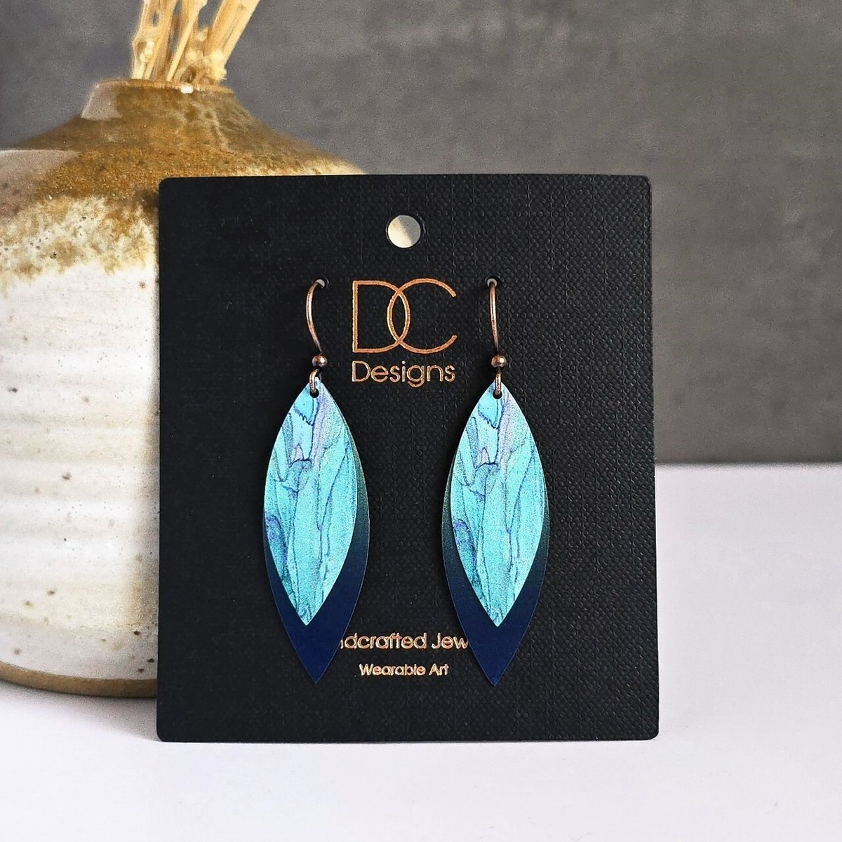 DC Designs Layered Long Leaf Drop Earrings Green Abstract Art Print Unique  Gift