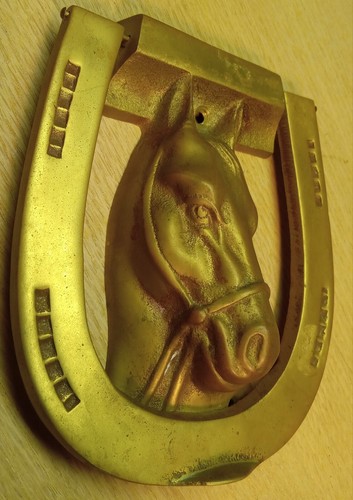 Equestrian Horse Head Cast Brass Door Knocker with Horse Shoe Farmhouse Decor - Picture 7 of 7