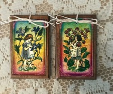  NEW  5 Handcrafted Wooden EASTER GIRLS WITH FLOWERS Ornaments, Hang Tags SETv