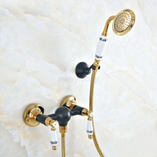 Black Gold Brass Wall Mount Bathroom Shower Faucet Hand Held Shower Spray
